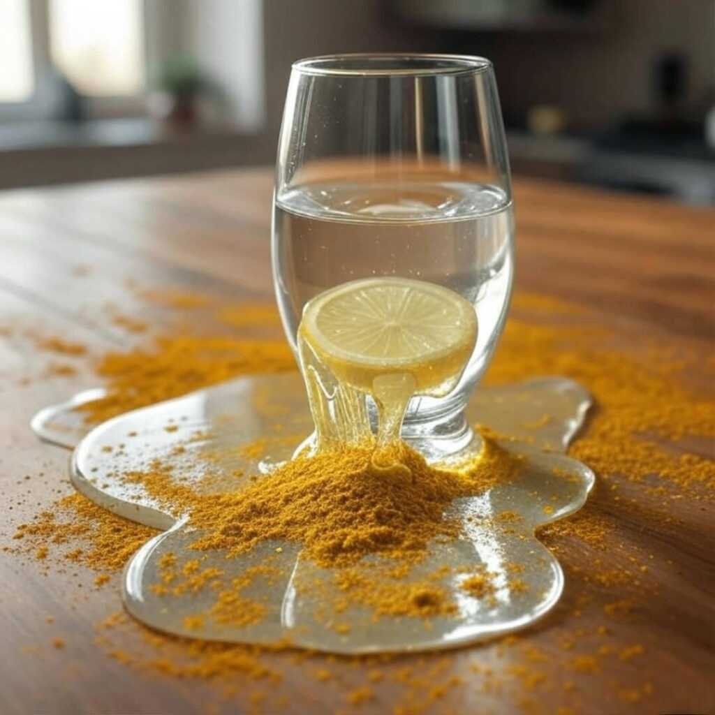 "Messy lemon water spill, weight loss morning."