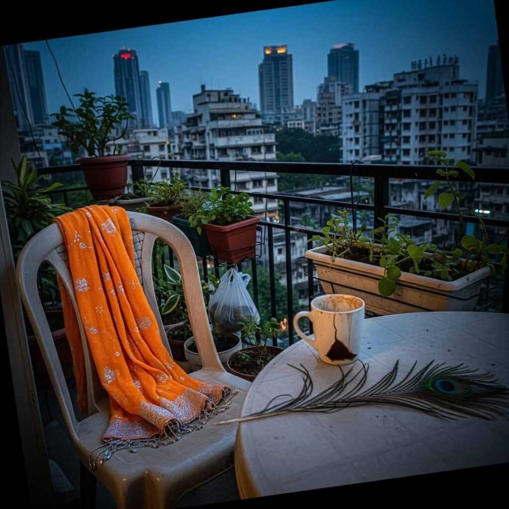 Messy Mumbai balcony at dusk with city view.

