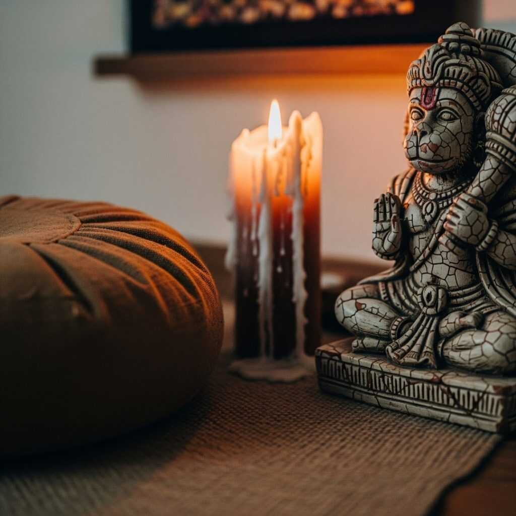 A meditation corner with a candle and a Hanuman idol.


