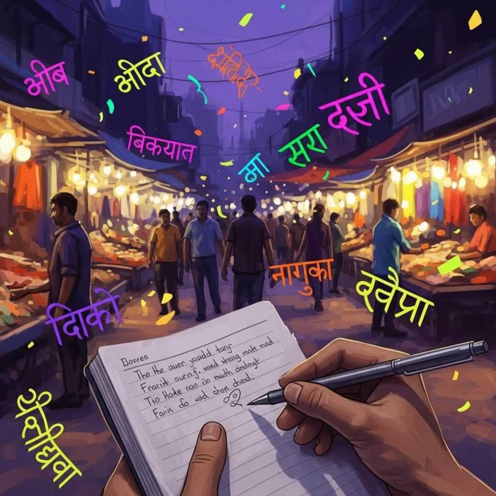 Hectic Indian market at dusk, hand writing in notebook.