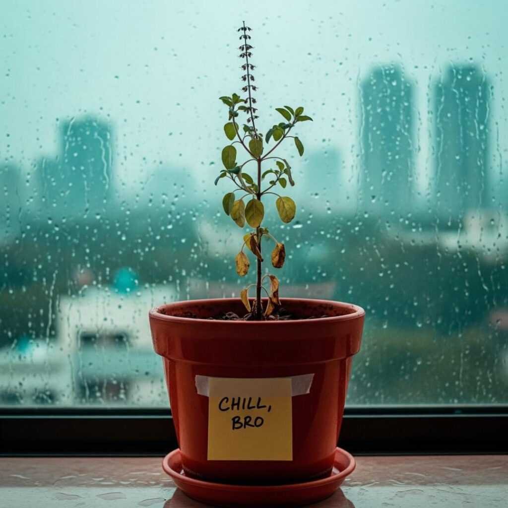 Sad tulsi plant with a hopeful note.