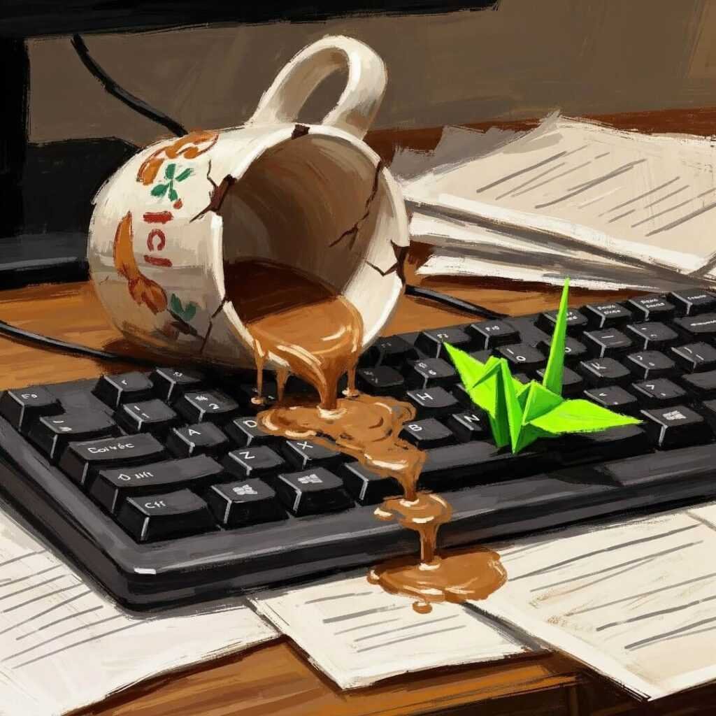Spilled chai on keyboard, with a neon green paper crane.

