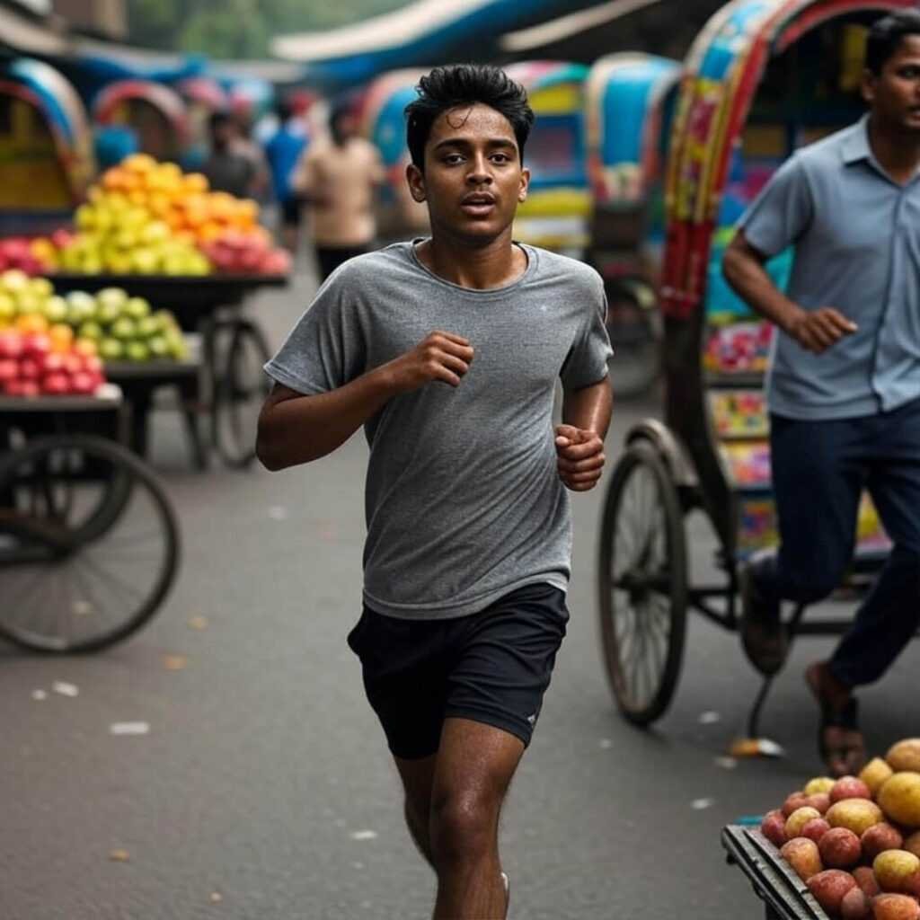 Jogger weaving through bustling Mumbai market, sweat dripping.