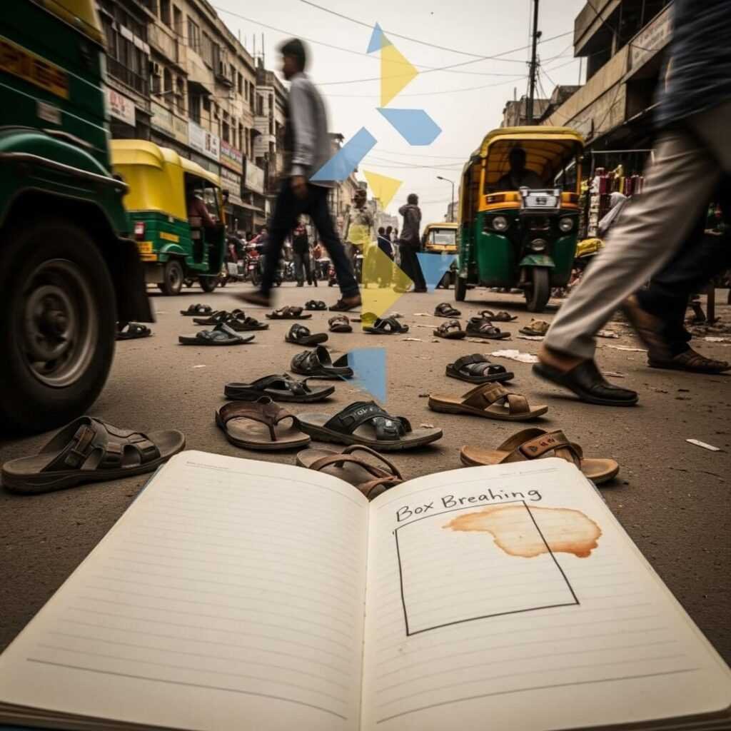 Chaotic Delhi street with notebook and geometric shapes.

