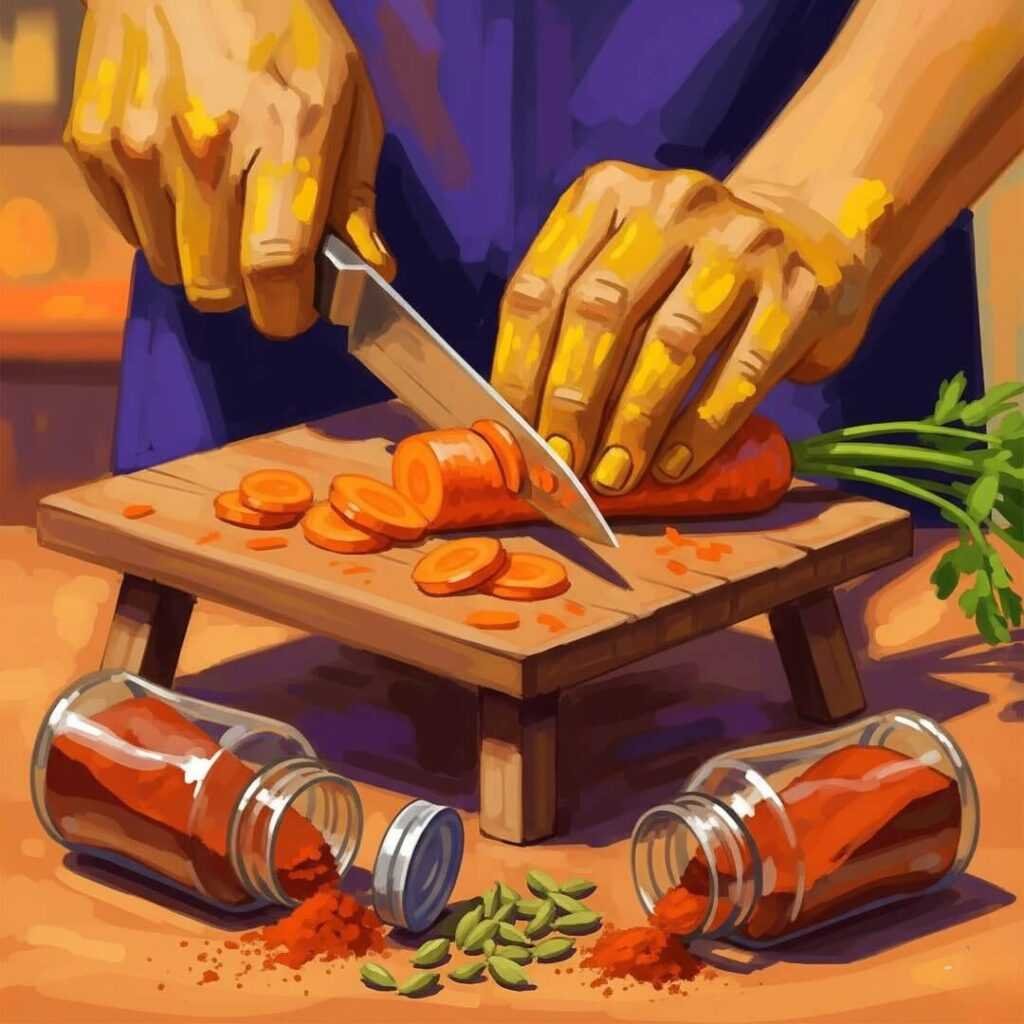 Turmeric-stained hands slicing carrots, spilled spices.

