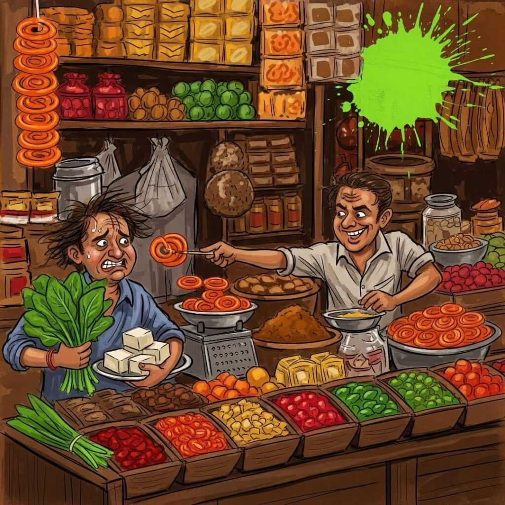 Chaotic market with person and vendor.