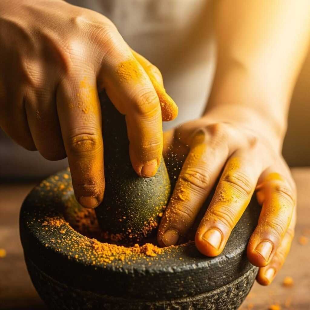 Hands grinding turmeric in a stone mortar.