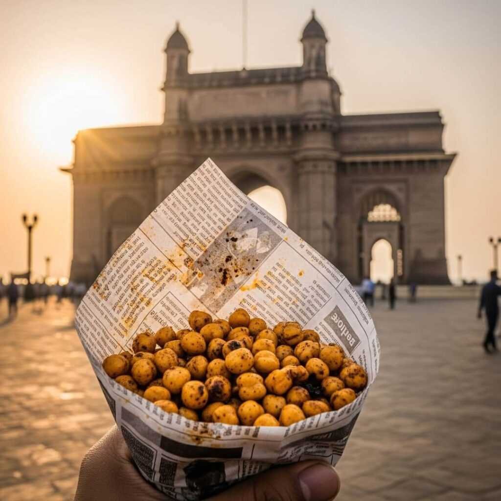 Roasted chickpeas in a paper cone, Gateway of India.

