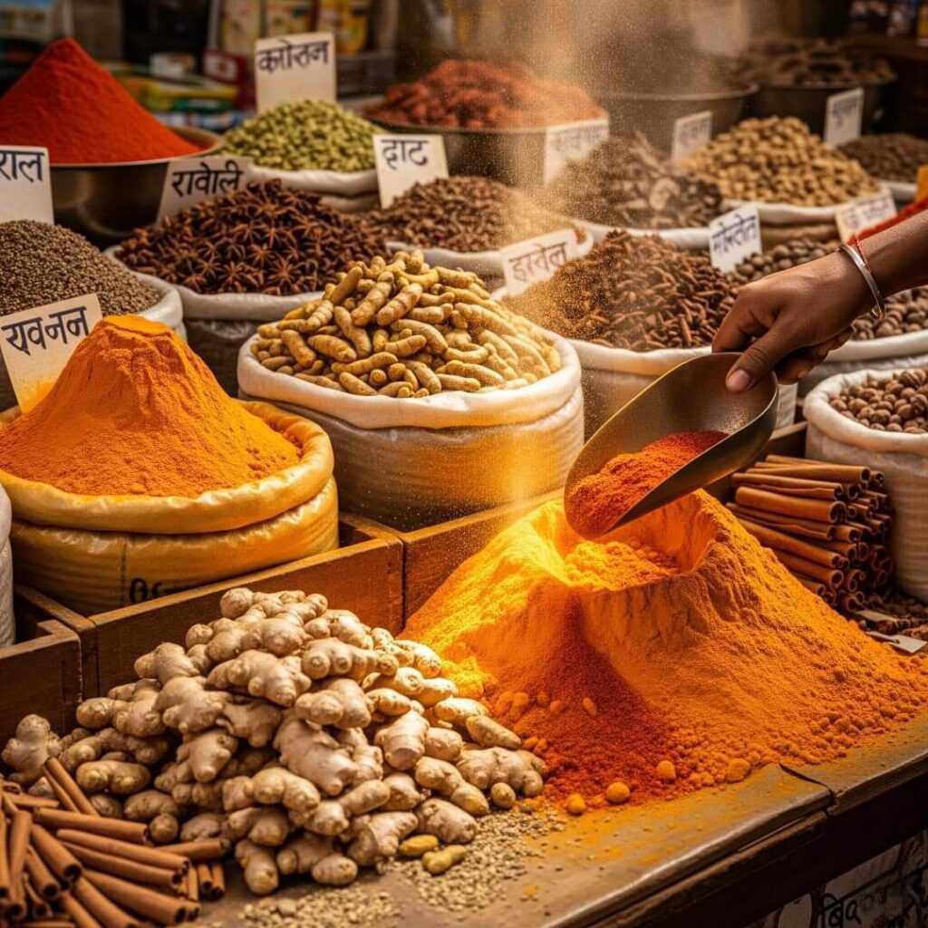 Hand dropping spices in a chaotic market.