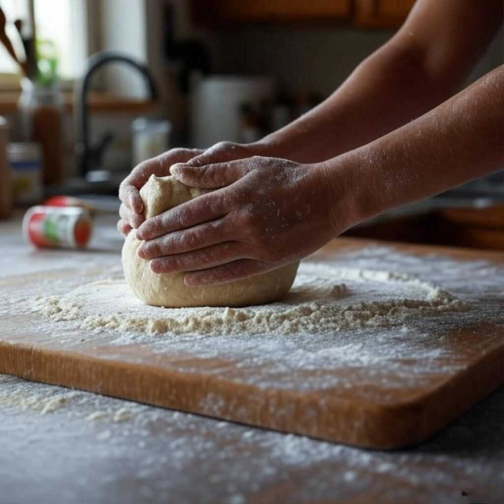 Hands kneading gluten-free dough, spice jar tipped.