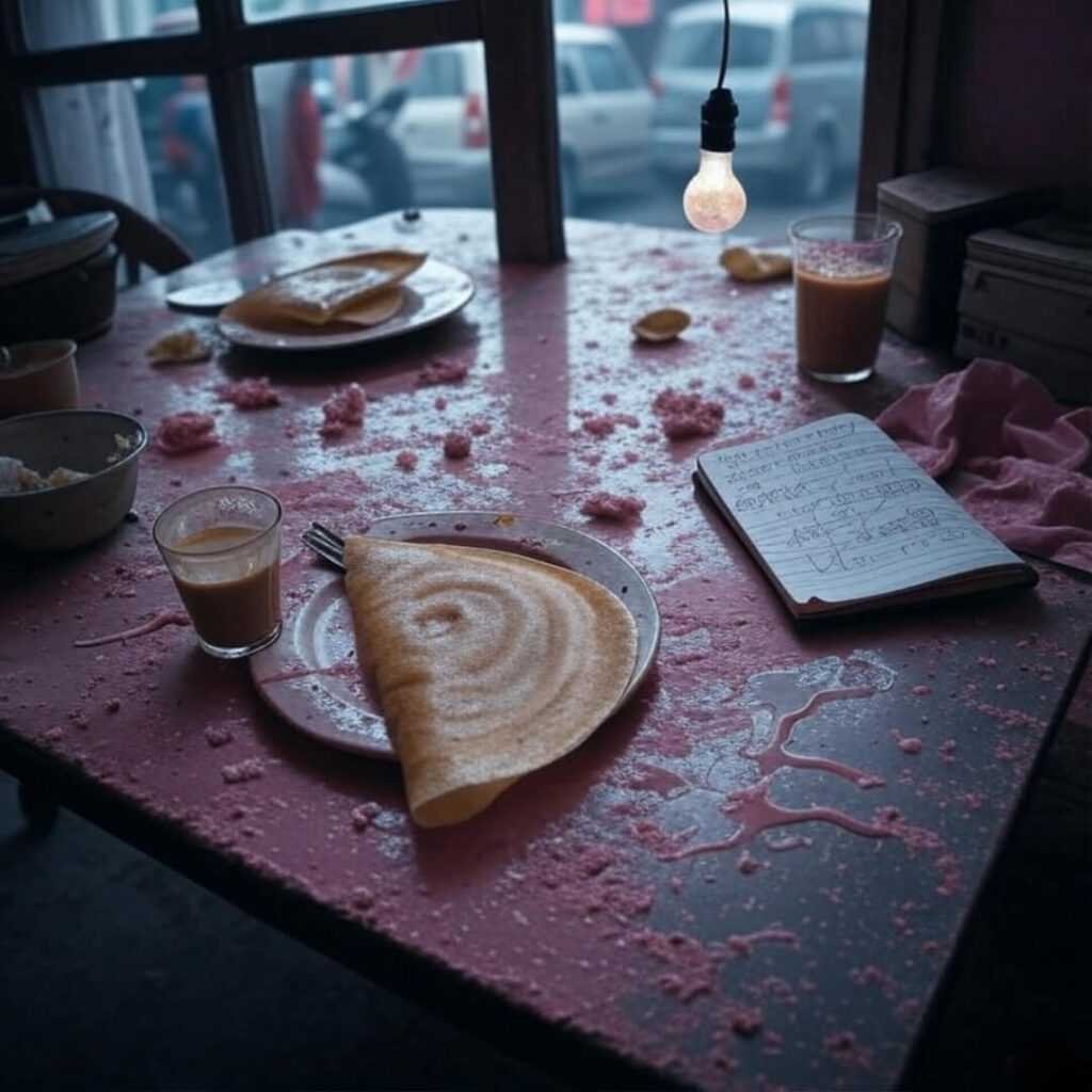 Gritty Mumbai kitchen, half-eaten dosa, spilled chai mess.
