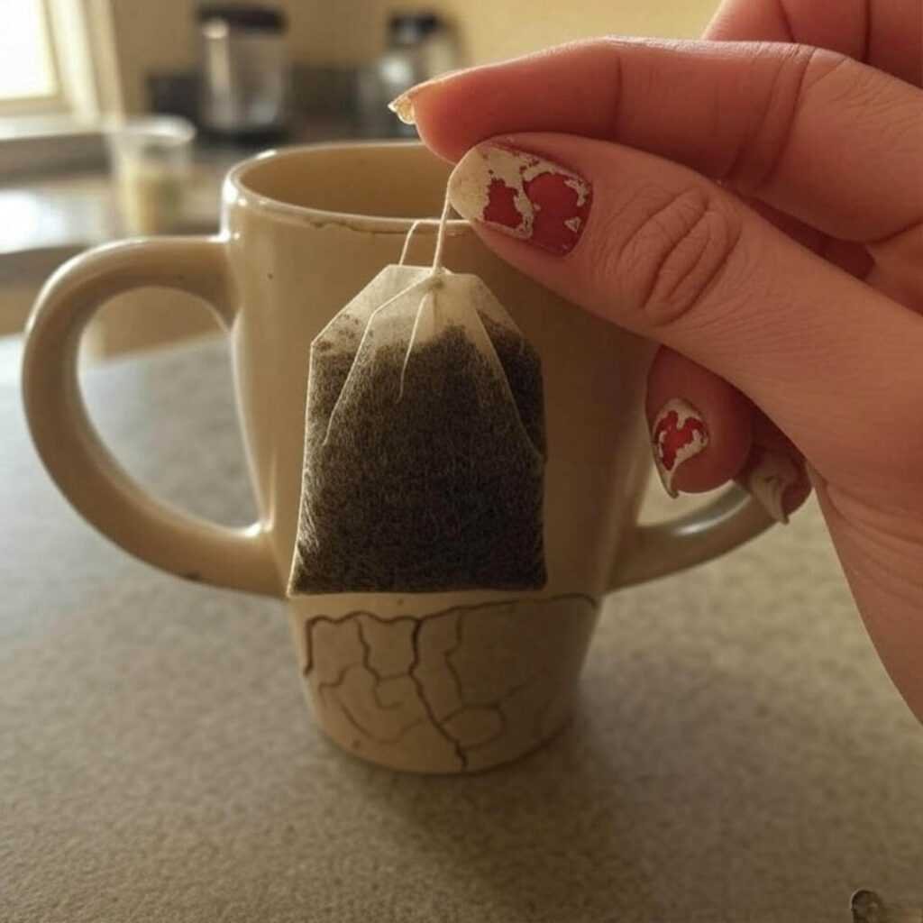 Blurry hand with chipped nails holds tea bag over cracked mug.