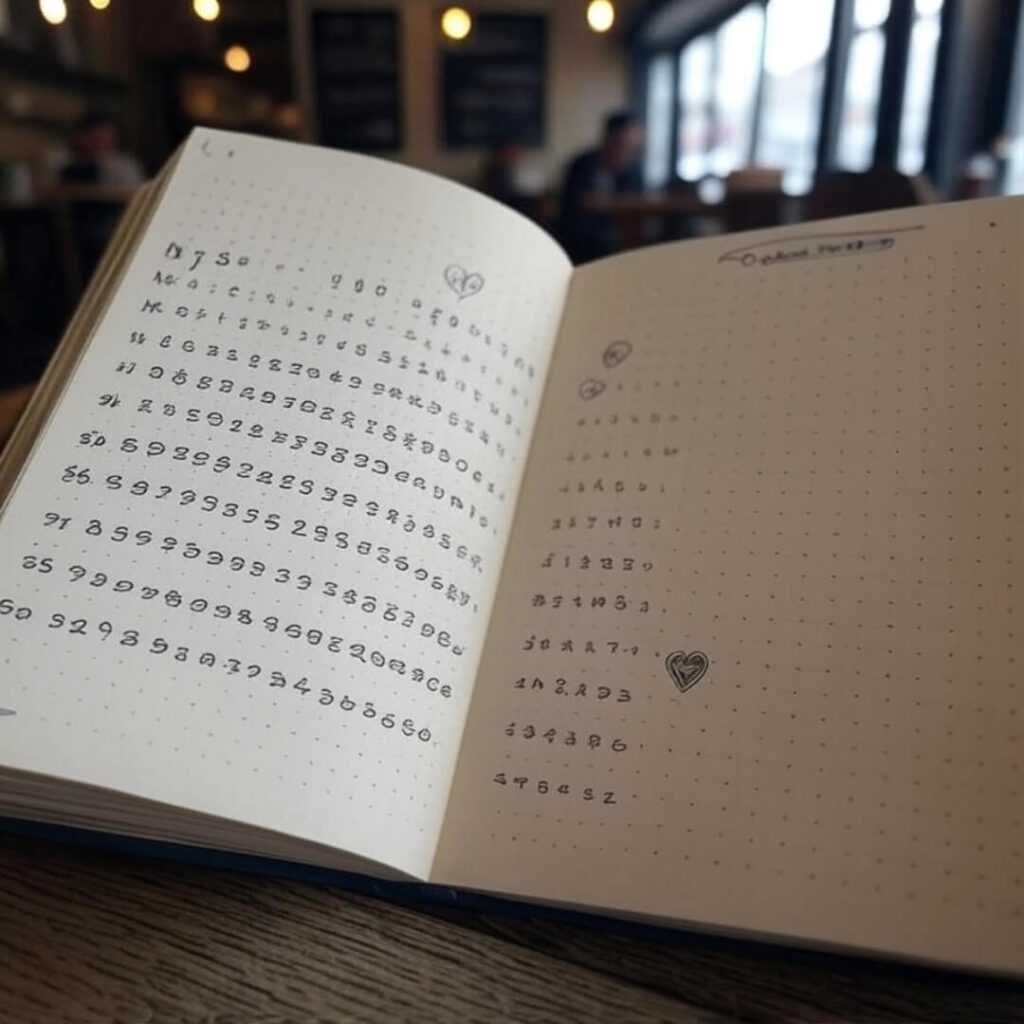 Grainy bullet journal with messy period calendar, hearts.