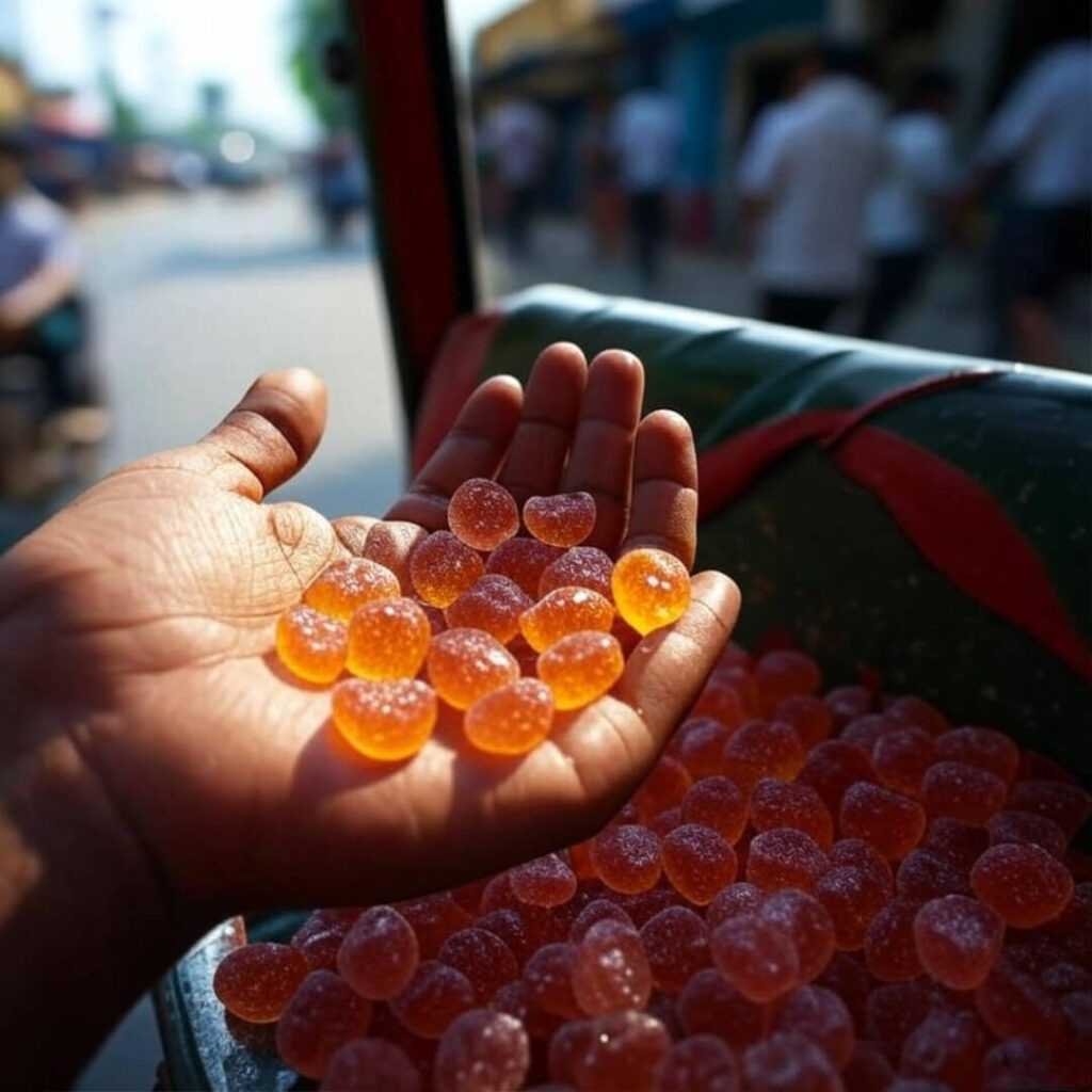Gummies gleam in sweaty rickshaw palm, blurred street."