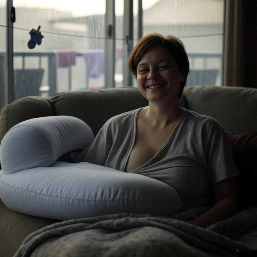 New mom, exhausted, breastfeeding on couch, monsoon-soaked clothesline behind.