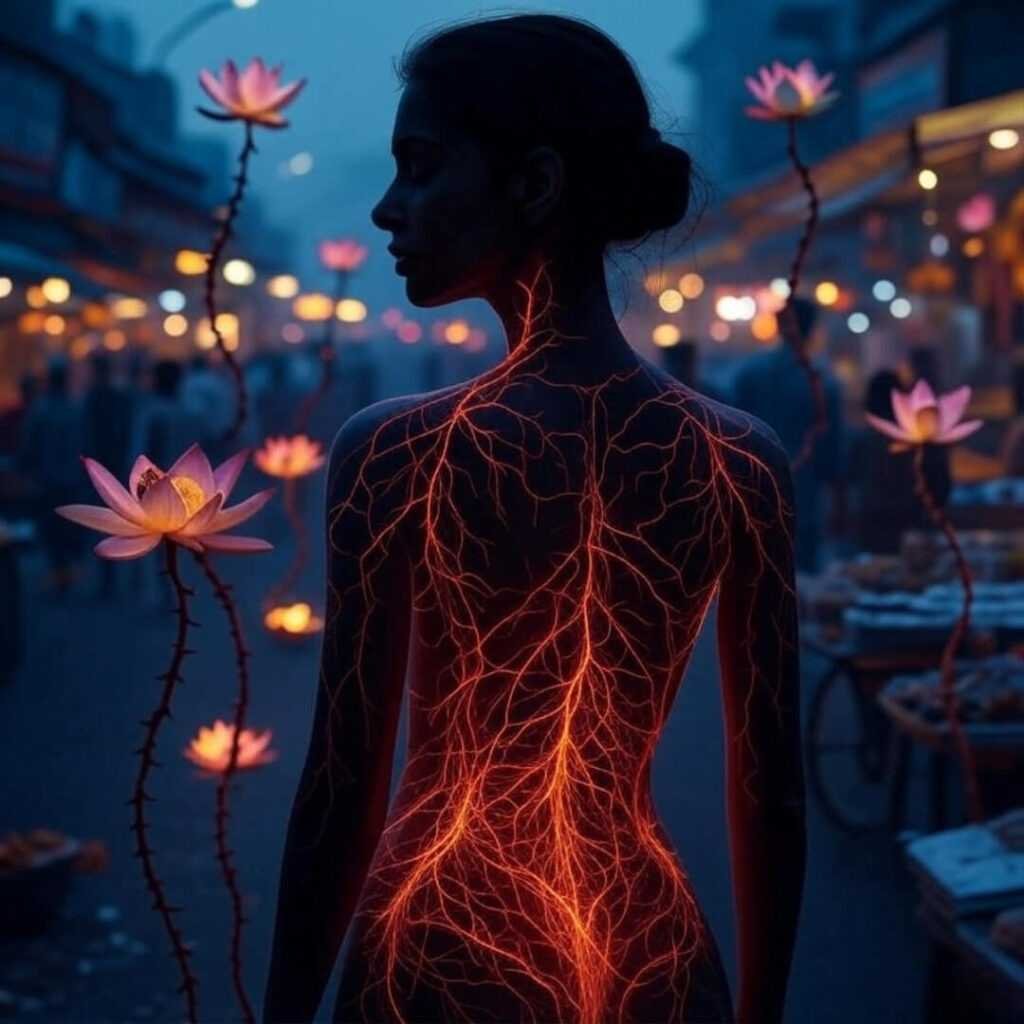 Silhouette with red veins in bustling Indian dusk."