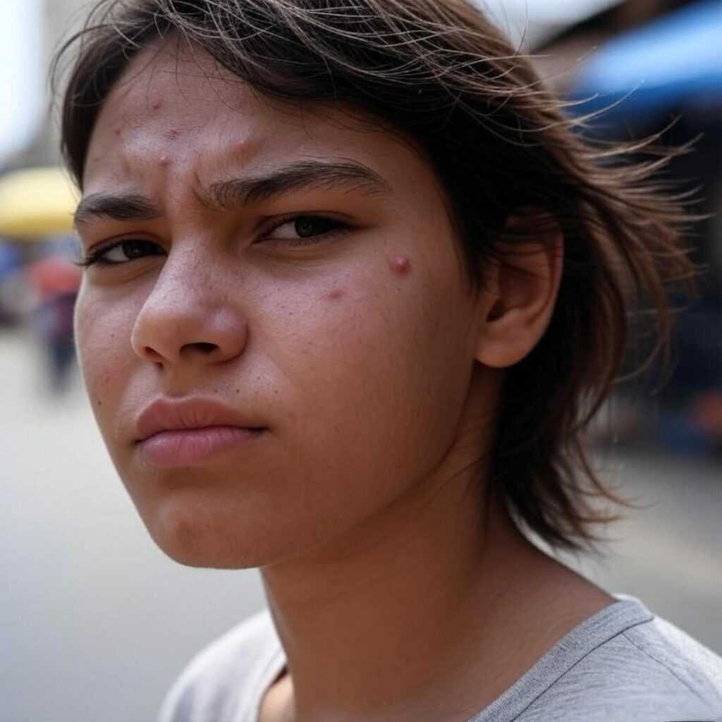 Blurred pimpled forehead in Mumbai sunlight, personal angle.