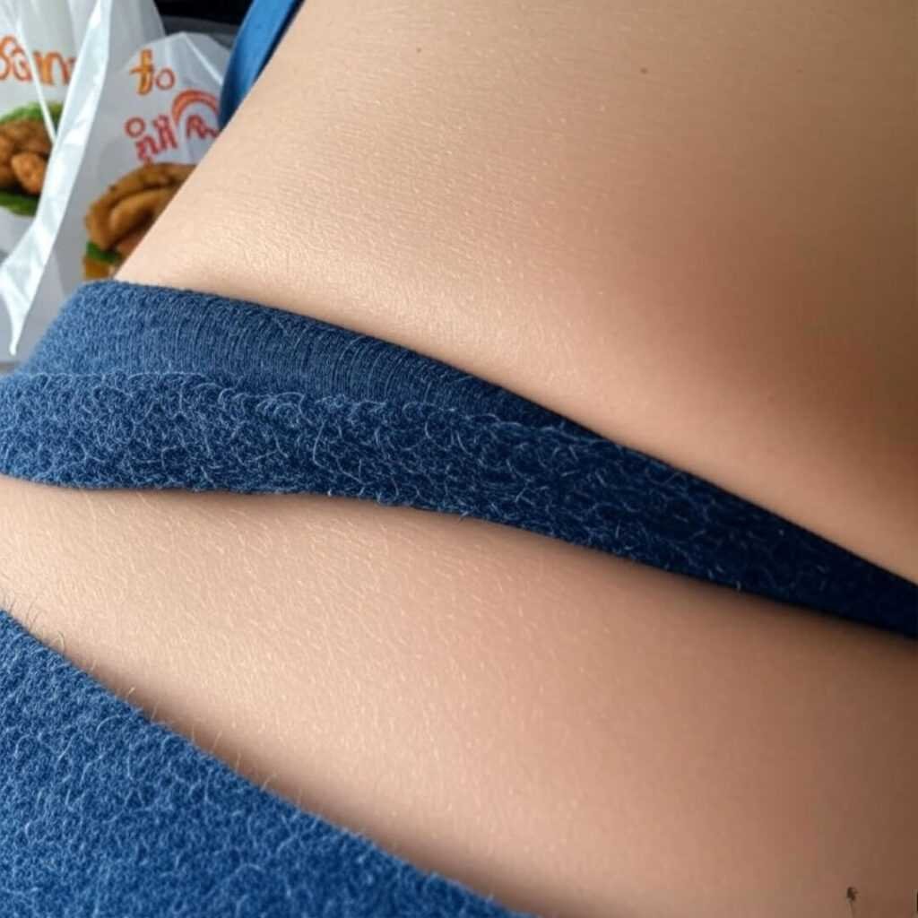 Awkward mirror shot, midsection progress, food wrappers.