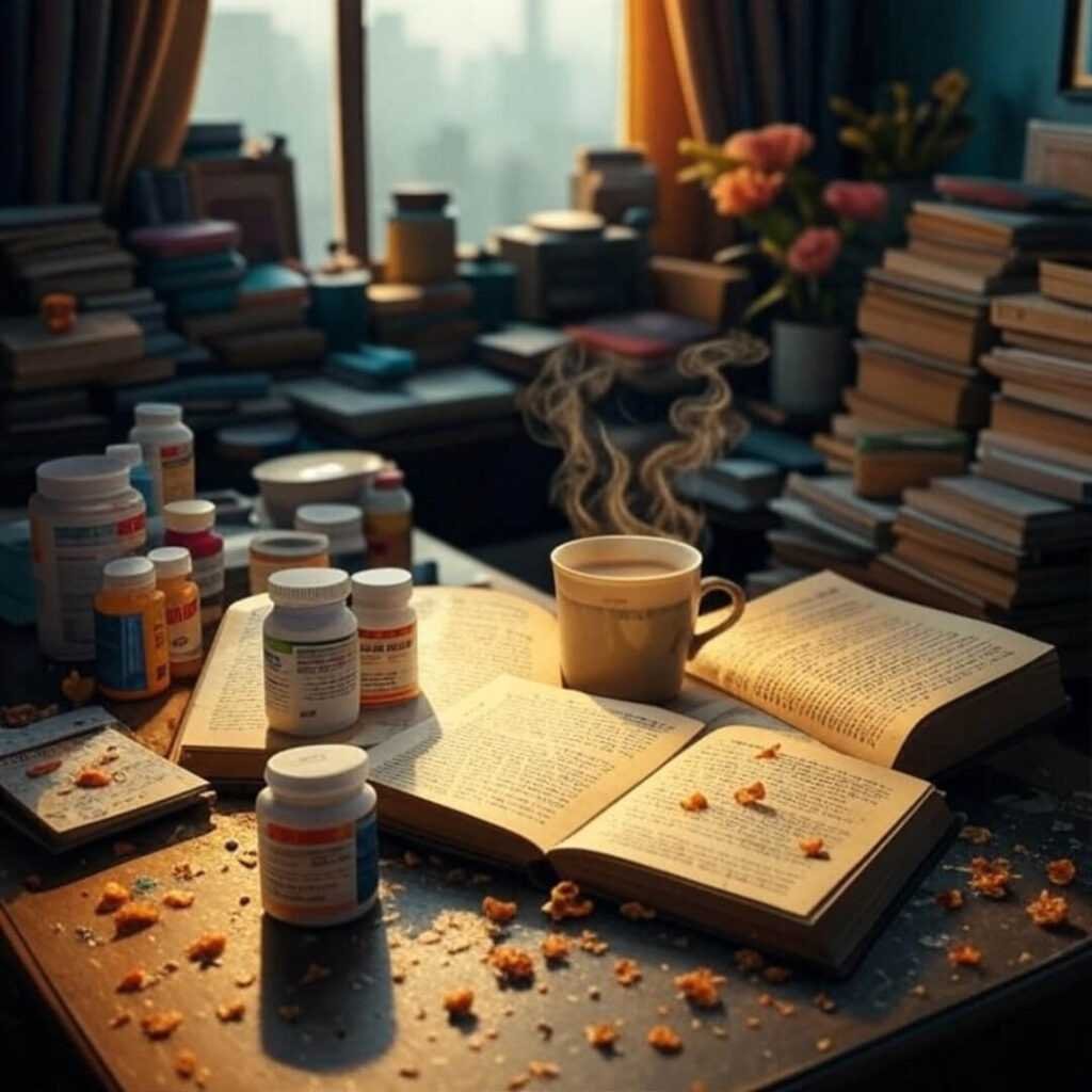 Cluttered Mumbai desk with vitamins, book, chai.