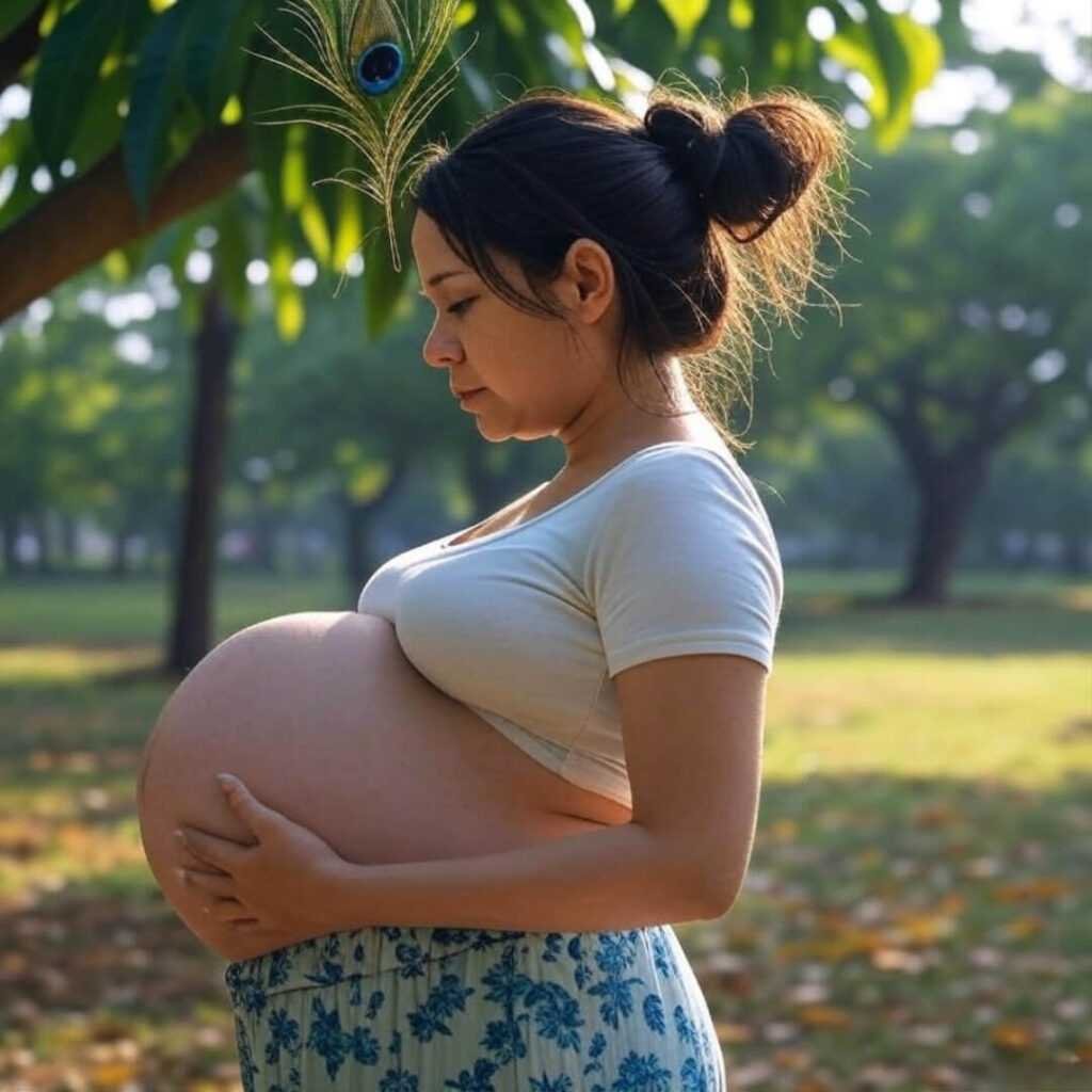 Pregnant woman in yoga pose, Mumbai park, peacock feather.
