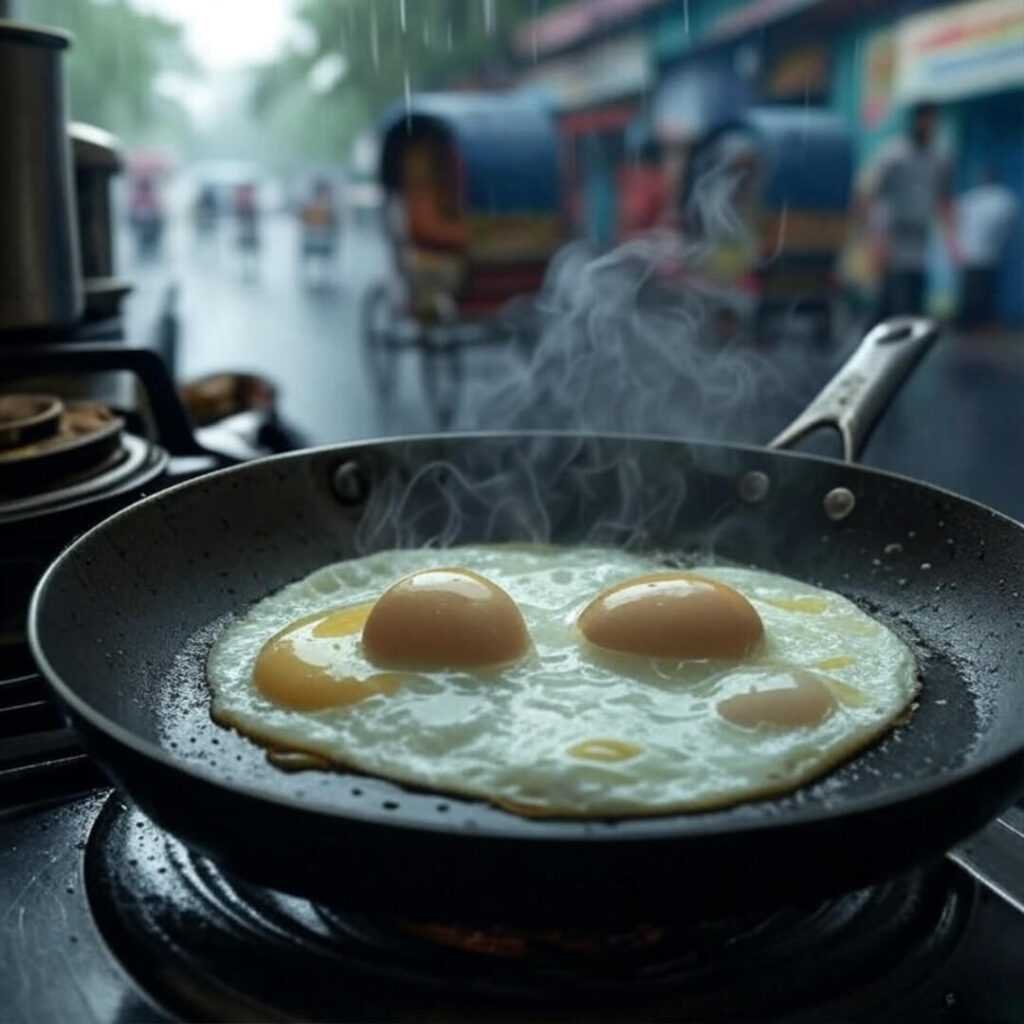 Two eggs frying, Mumbai street blurred, steam rising.
