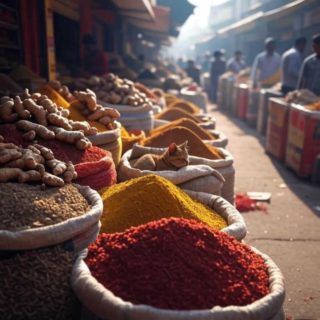 Jaipur market stall with turmeric, ginger, sleeping cat.