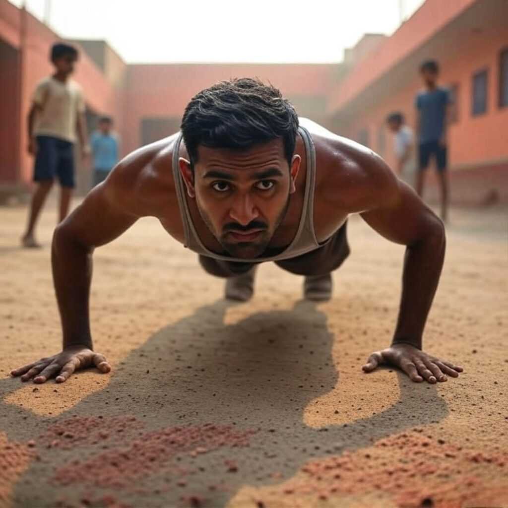 Man mid-push-up in dusty Delhi courtyard, kids playing.