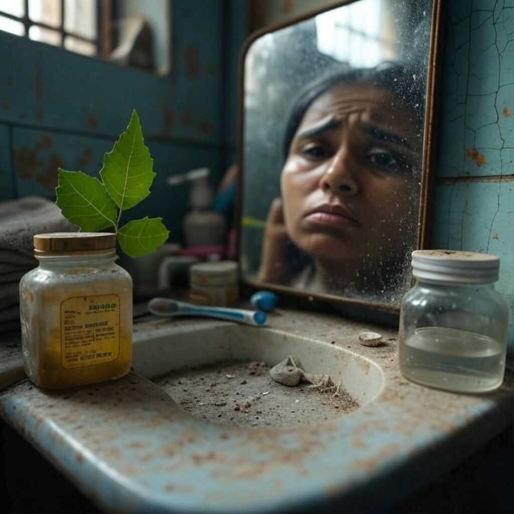 Cluttered bathroom counter with oil jar, cracked mirror.