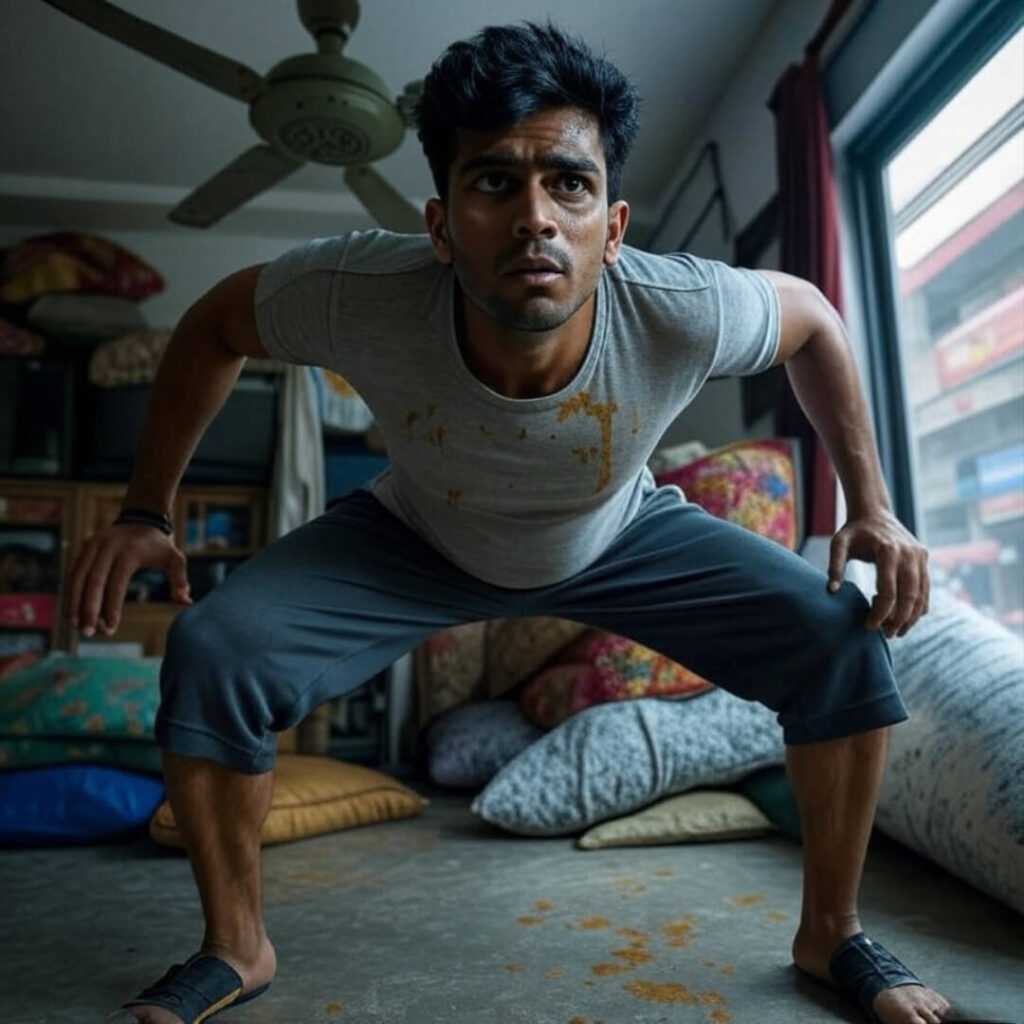 Sweaty squat in cramped Delhi room, curry stain.