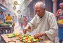 Daily Habits of the Healthiest People in the World Spilled chai, yoga mat, elder slicing veggies, impressionistic painting.