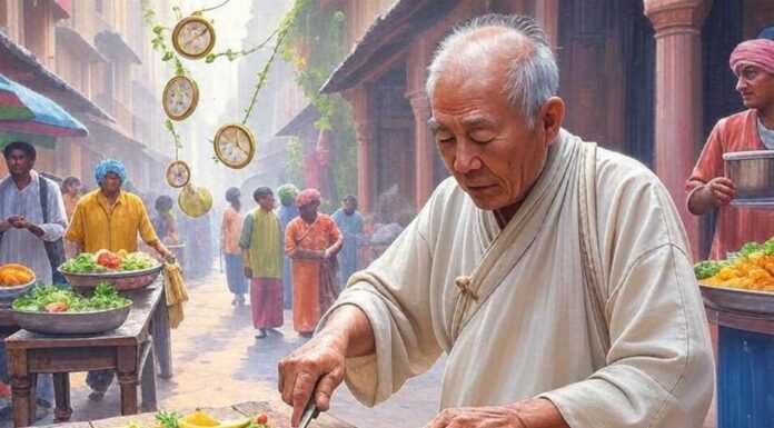 Daily Habits of the Healthiest People in the World Spilled chai, yoga mat, elder slicing veggies, impressionistic painting.