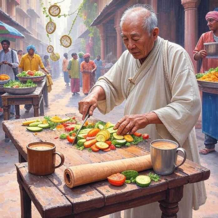 Spilled chai, yoga mat, elder slicing veggies, impressionistic painting.