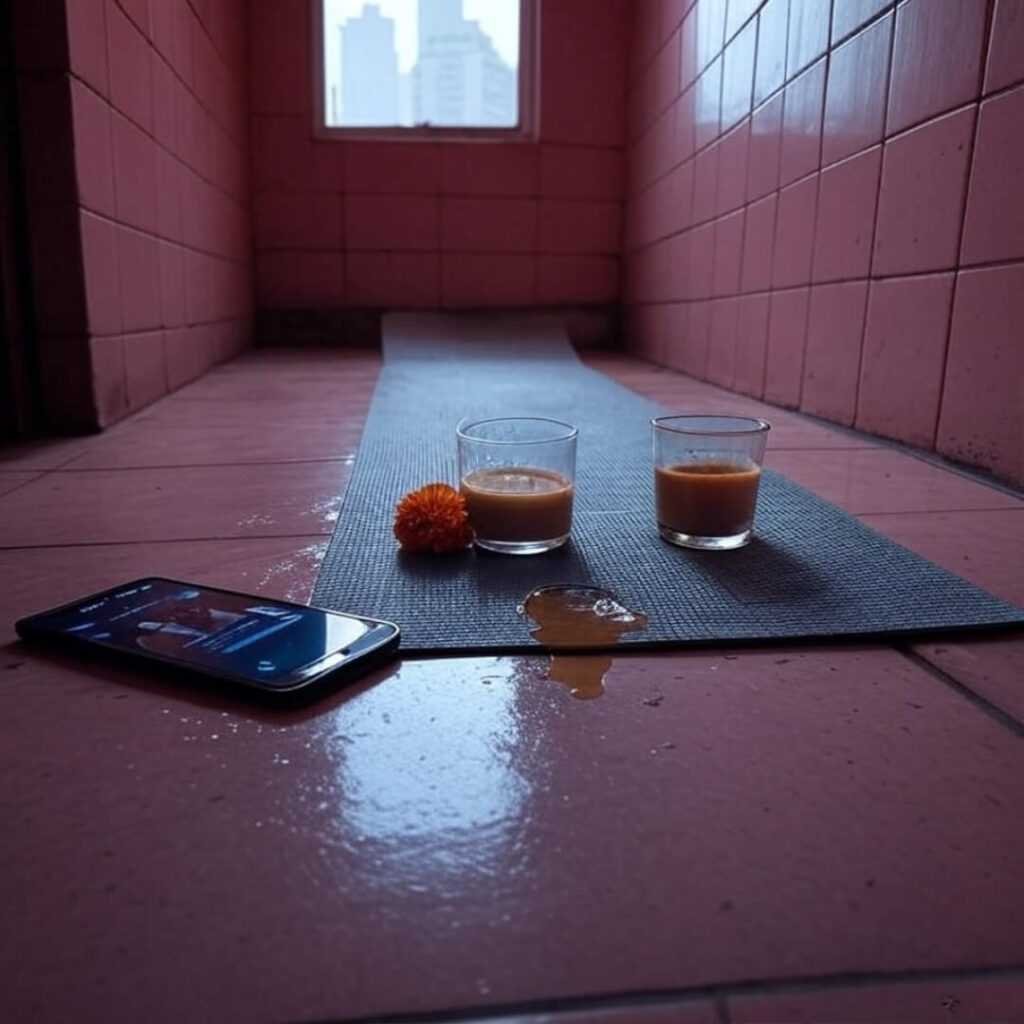 Blurry yoga mat, spilled chai, marigold flower.