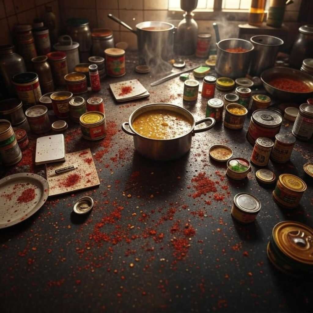 Messy Mumbai kitchen counter with steaming dal, spices, notebook.