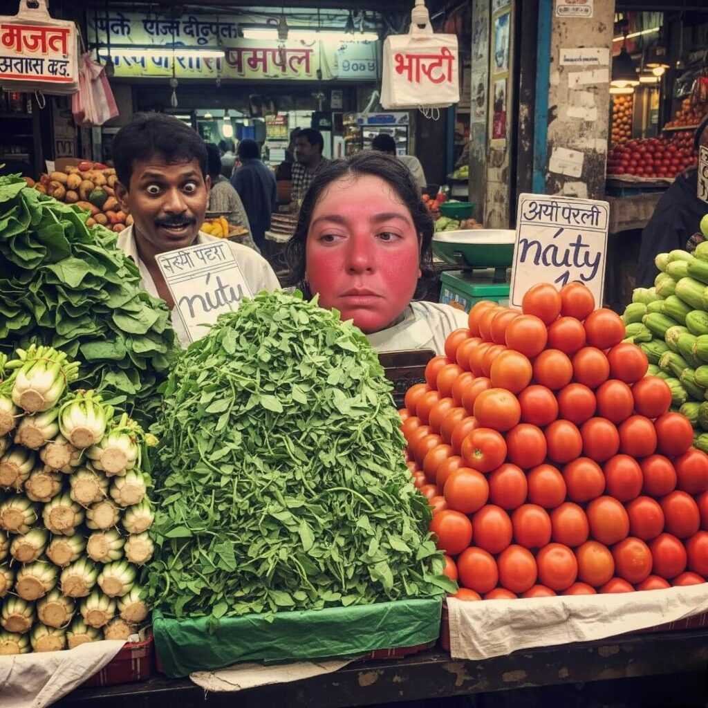 Woman with red face at a vibrant Mumbai market.