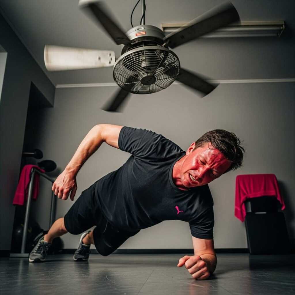 Man planking with red face and wobbling ceiling fan.

