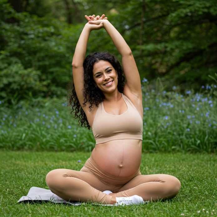 Pregnant woman stretching in park. Pregnant woman stretching in park.