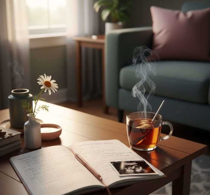 Fertility notebook, tea, and daisy in a cozy Ohio apartment Fertility notebook, tea, and daisy in a cozy Ohio apartment