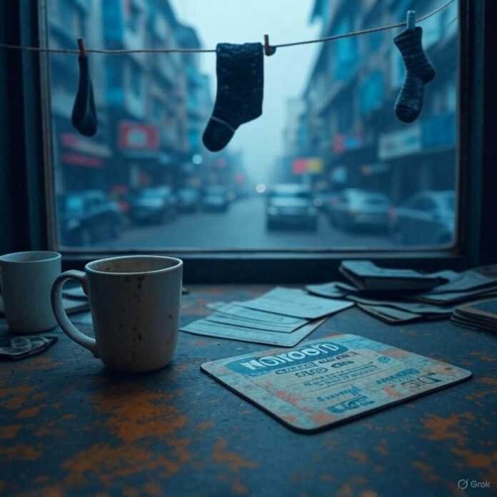 Cluttered desk, half-empty mug, sock on clothesline.