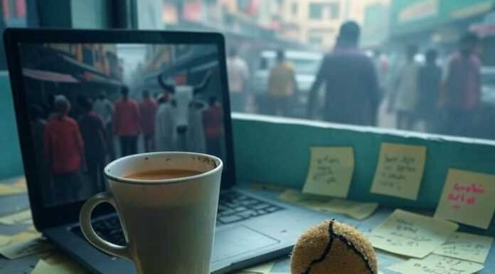 Top Stress-Relief Techniques for Men in High-Stress Jobs Chaotic desk with chai, stress ball, sticky notes.