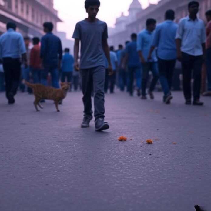 Guy walking Mumbai street, scuffed shoes, cat, flowers. Guy walking Mumbai street, scuffed shoes, cat, flowers.