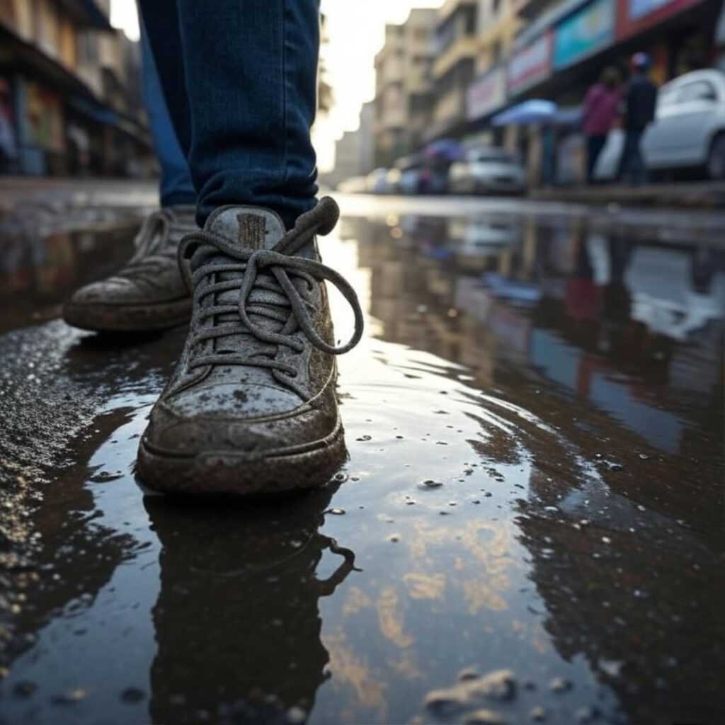 "Muddy sneakers in Mumbai puddle, sweaty walk."