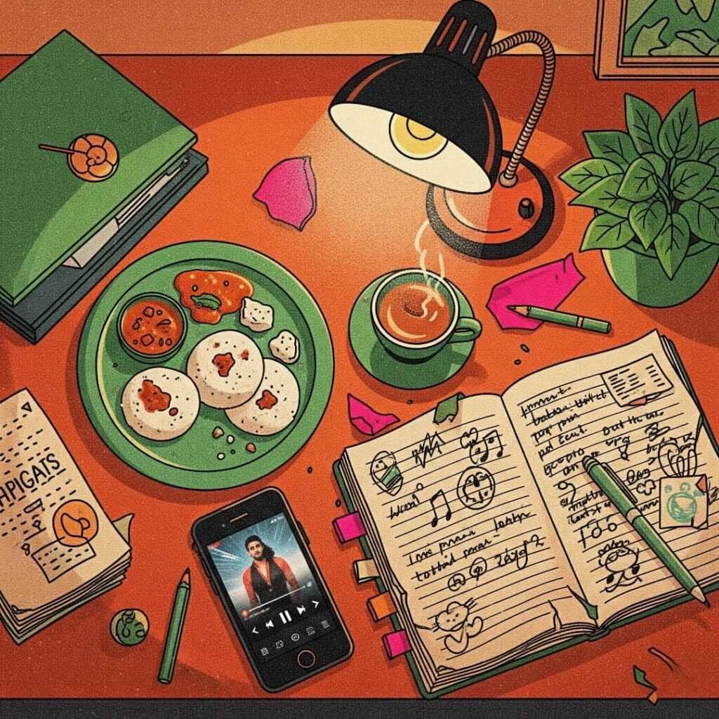 Vintage illustration of a messy desk with food and notebook.

