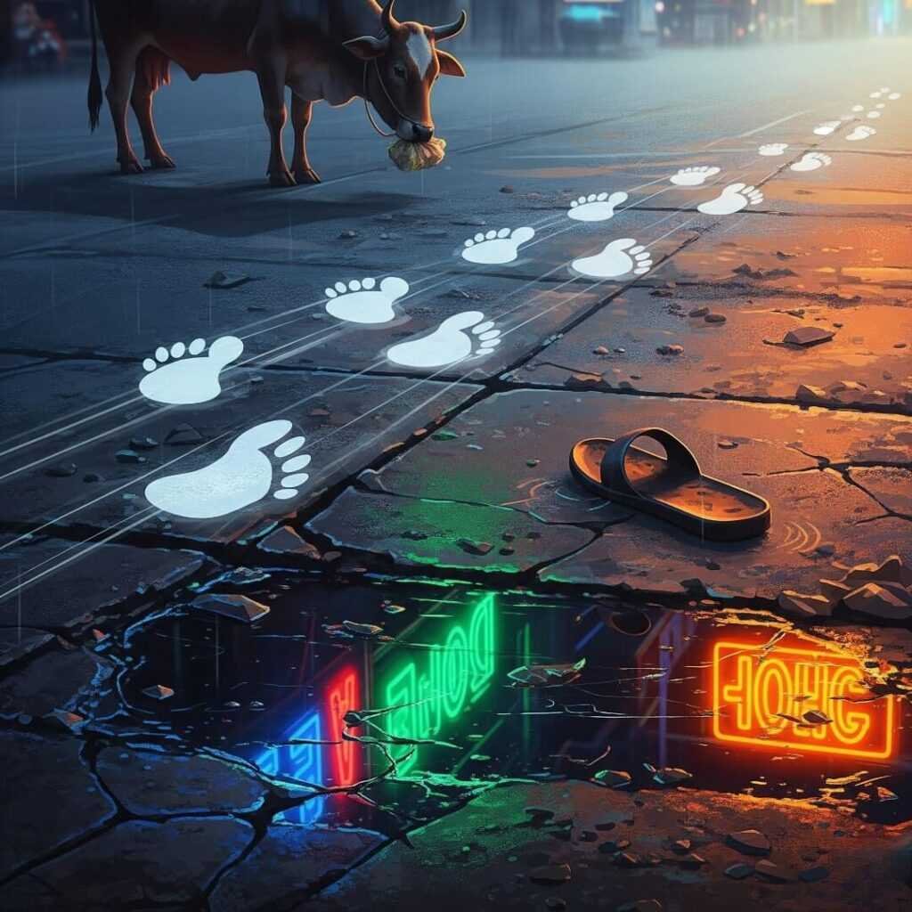 Clumsy footsteps, cow, and lone sandal.