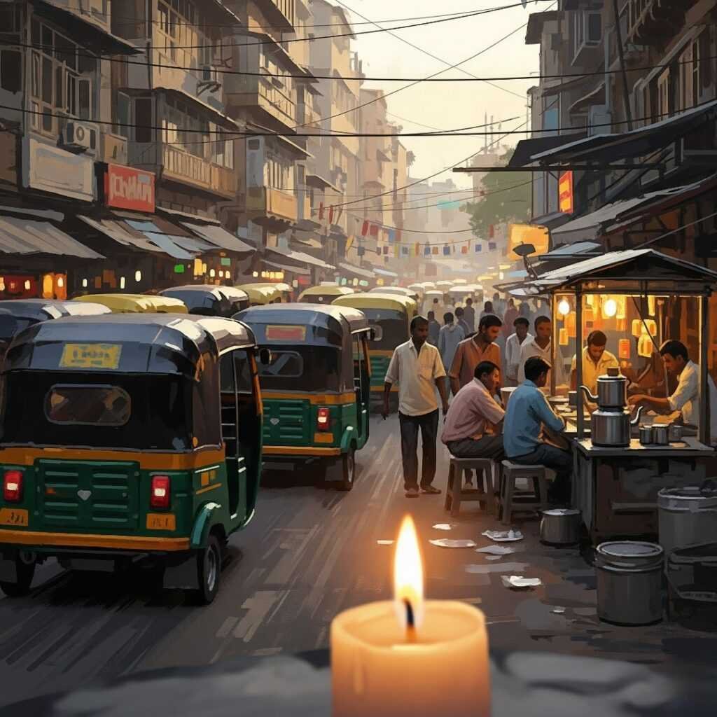 A lone candle flickering on a Mumbai street.

