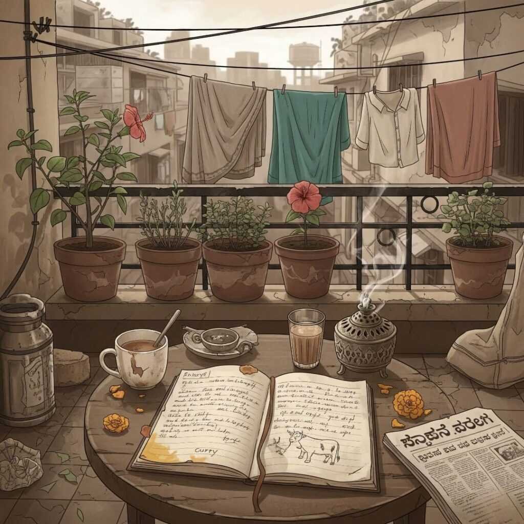 Cluttered Bangalore balcony, notebook with cow doodle, curry stain.