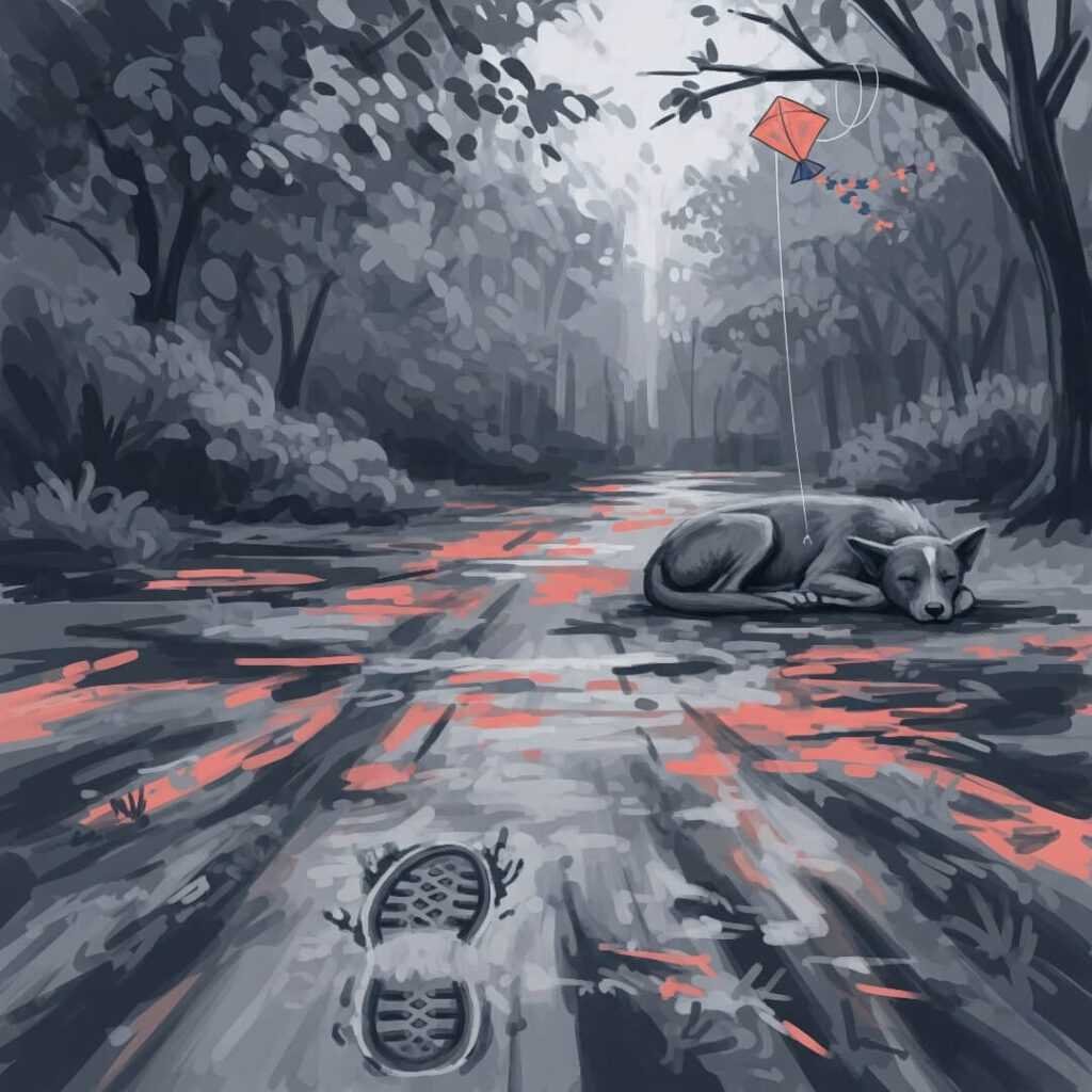 Dog napping next to a muddy footprint.