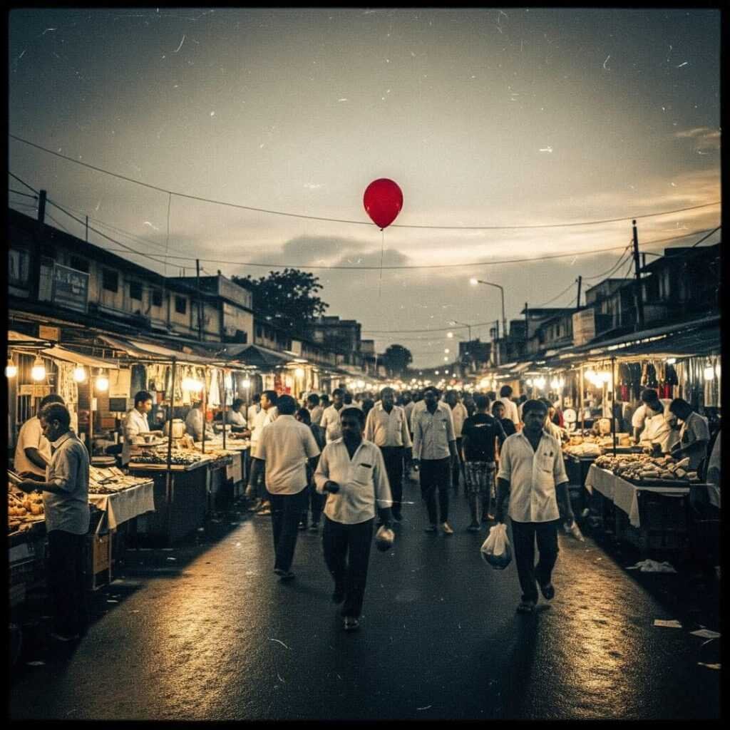Bangalore street market at dusk with a single red balloon.

