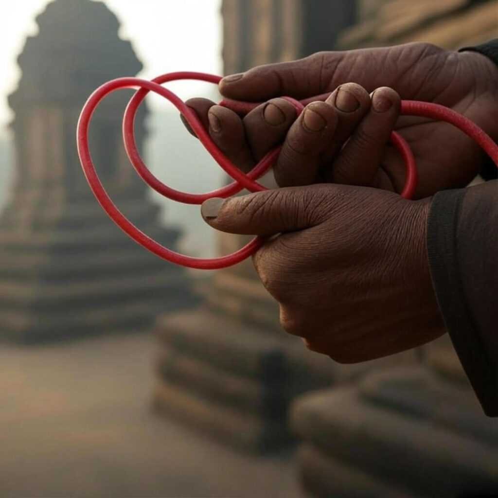 Dusty hands grip cheap jump rope, temple hazy.