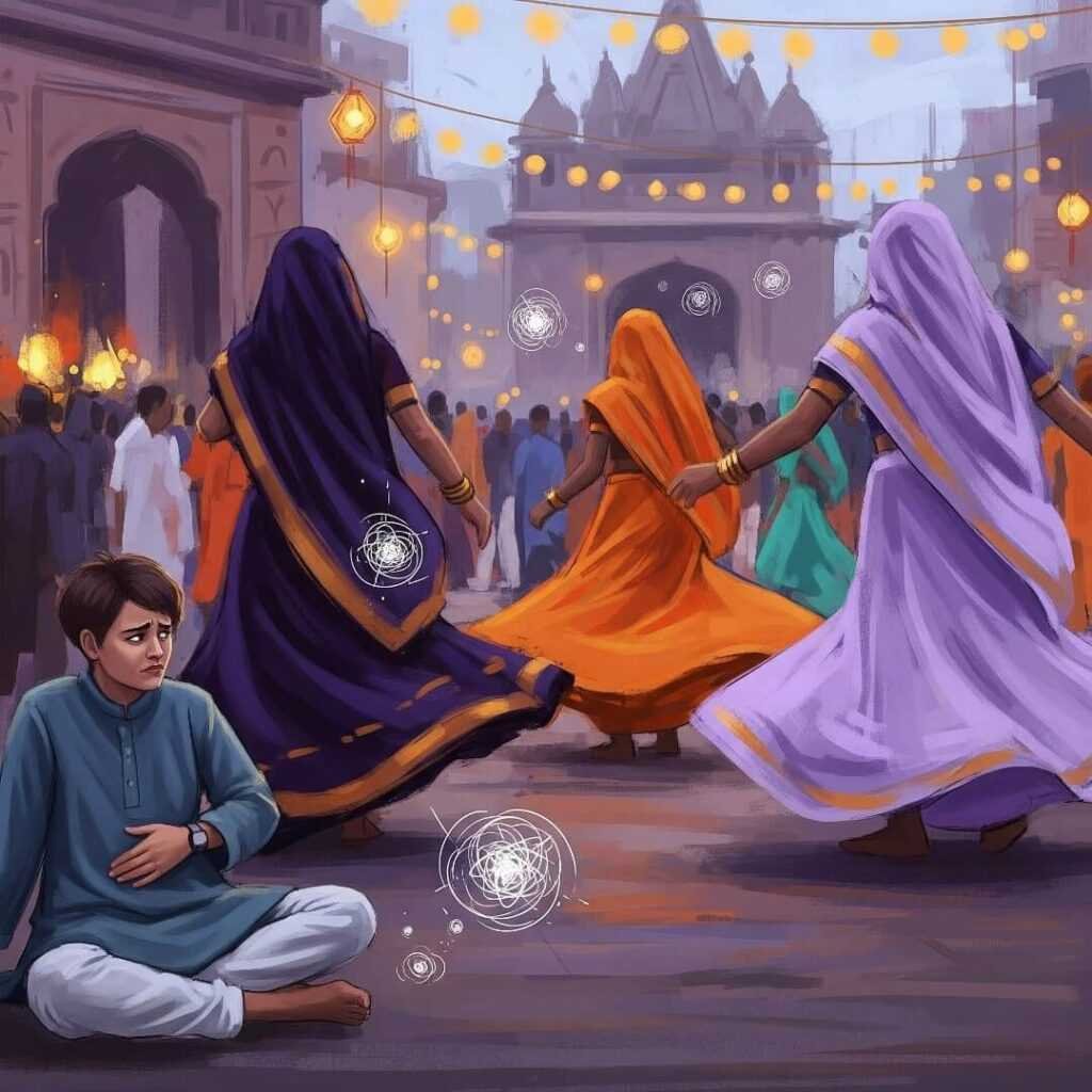 Varanasi festival with awkward person and glowing orbs.

